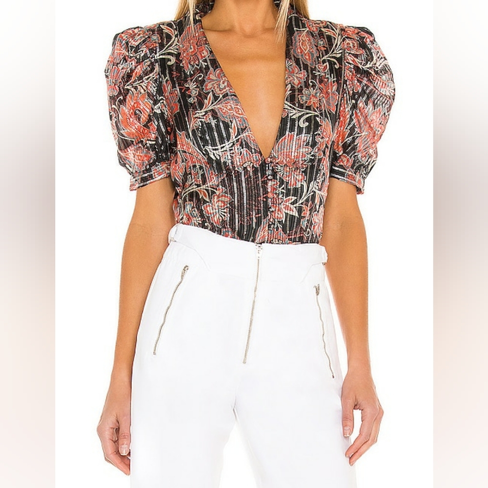 HEMANT & NANDITA Black Floral Plissé Deep V Bodysuit with Red Accents